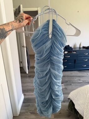 Oh Polly Powder Blue Ruched Halter Mini Dress